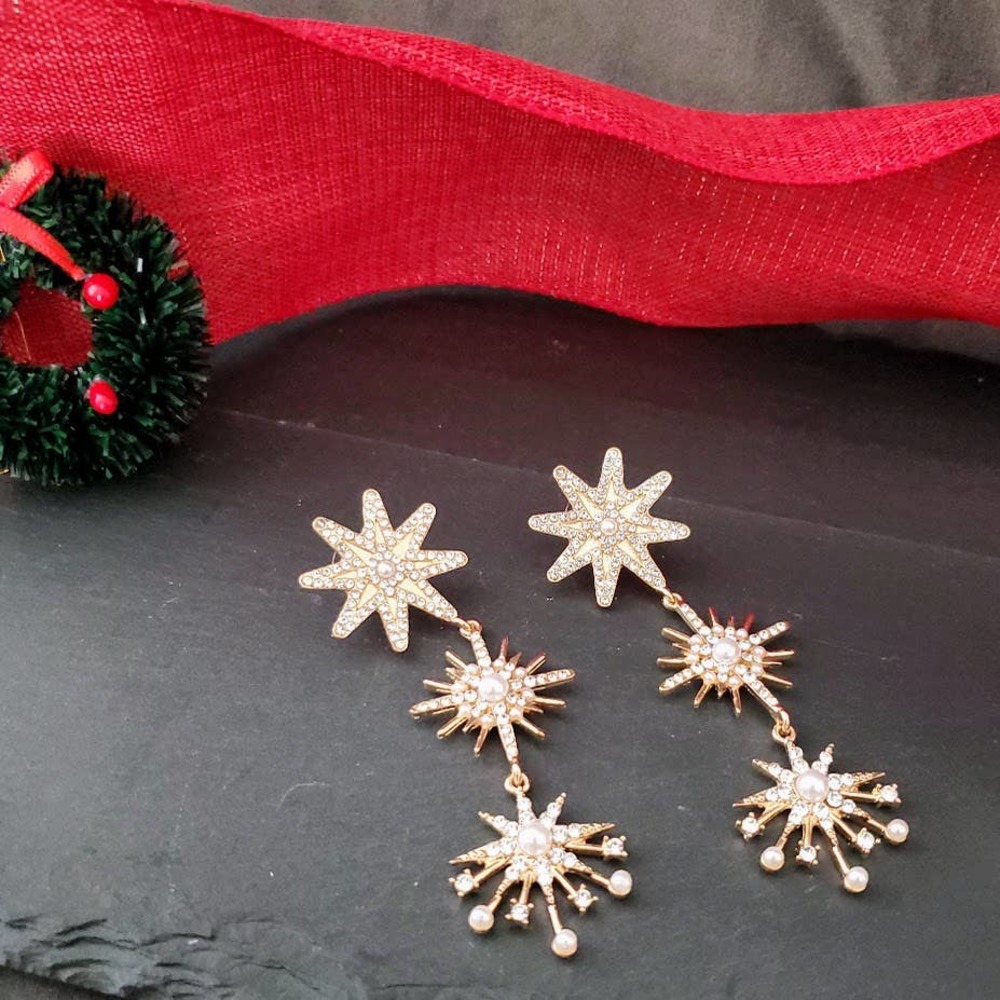 Star Gazer Pearl and Crystal Drop Earrings - Christmas Northstar - Picture 4 of 13